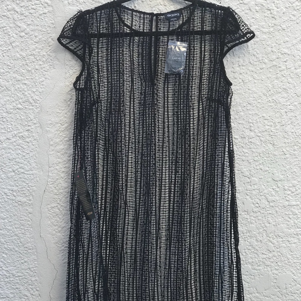 NWT Bebe Black Mesh Open Lace Dress Size Large